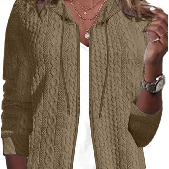 Khaki Women's Lightweight Long Sleeve Zip Up Crochet Knit Sweater Jacket for Fal - Picture 1 of 7